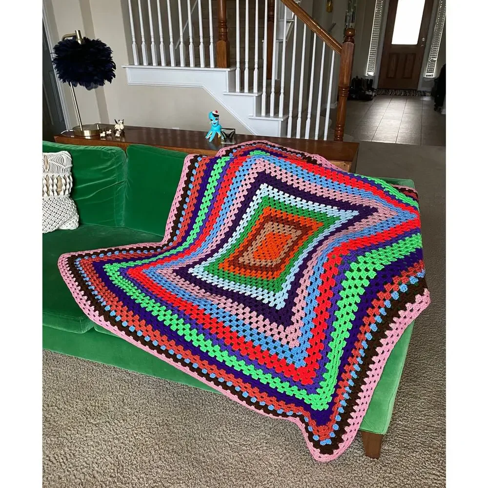 vintage 70s RAINBOW Cut Out AFGHAN colorful squares blanket groovy home decor